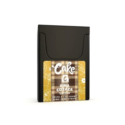 A sleek black box adorned with a yellow label showcasing a plaid and paisley design. The label reads Cake Delta 8 and highlights the tantalizing Piña Cozaza Sativa. Inside are six oral strips, each infused with 25 MG of Cakes delightful essence.