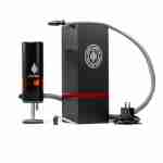 Image of a Hitoki Trident Laser Smoking Device in black, featuring a red stripe, placed beside a branded box containing the power adapter, gray hose, and other accessories. This sophisticated setup is elegantly displayed on a white background.