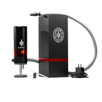 Image of a Hitoki Trident Laser Smoking Device in black, featuring a red stripe, placed beside a branded box containing the power adapter, gray hose, and other accessories. This sophisticated setup is elegantly displayed on a white background.