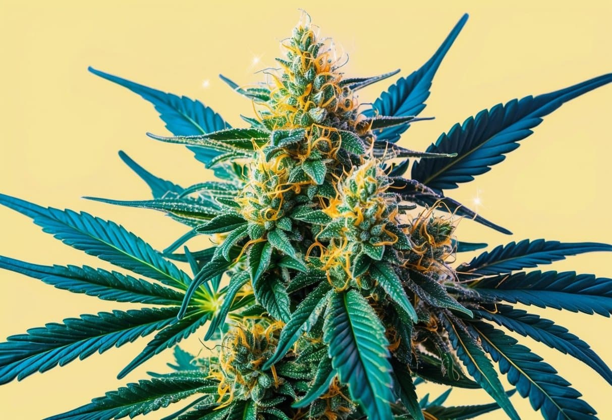 A vibrant cannabis plant with THC and THCa crystals glistening on the flower buds
