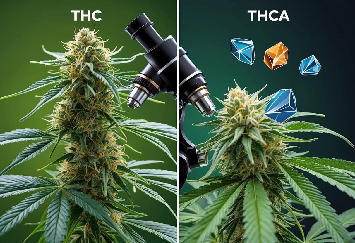 A cannabis plant with mature flowers being harvested, showcasing the difference between THC and THCa crystals under a microscope