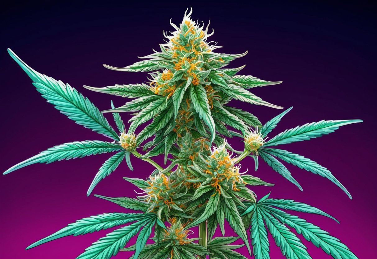 A blooming cannabis plant with THC and THCa crystals on the flowers