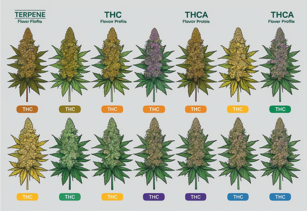 A colorful array of cannabis flowers with labeled terpene and flavor profiles, showcasing the differences between THC and THCa