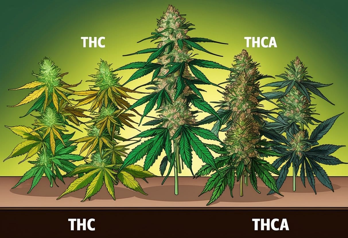A variety of cannabis flowers, some high in THC and others high in THCa, displayed on a table for comparison