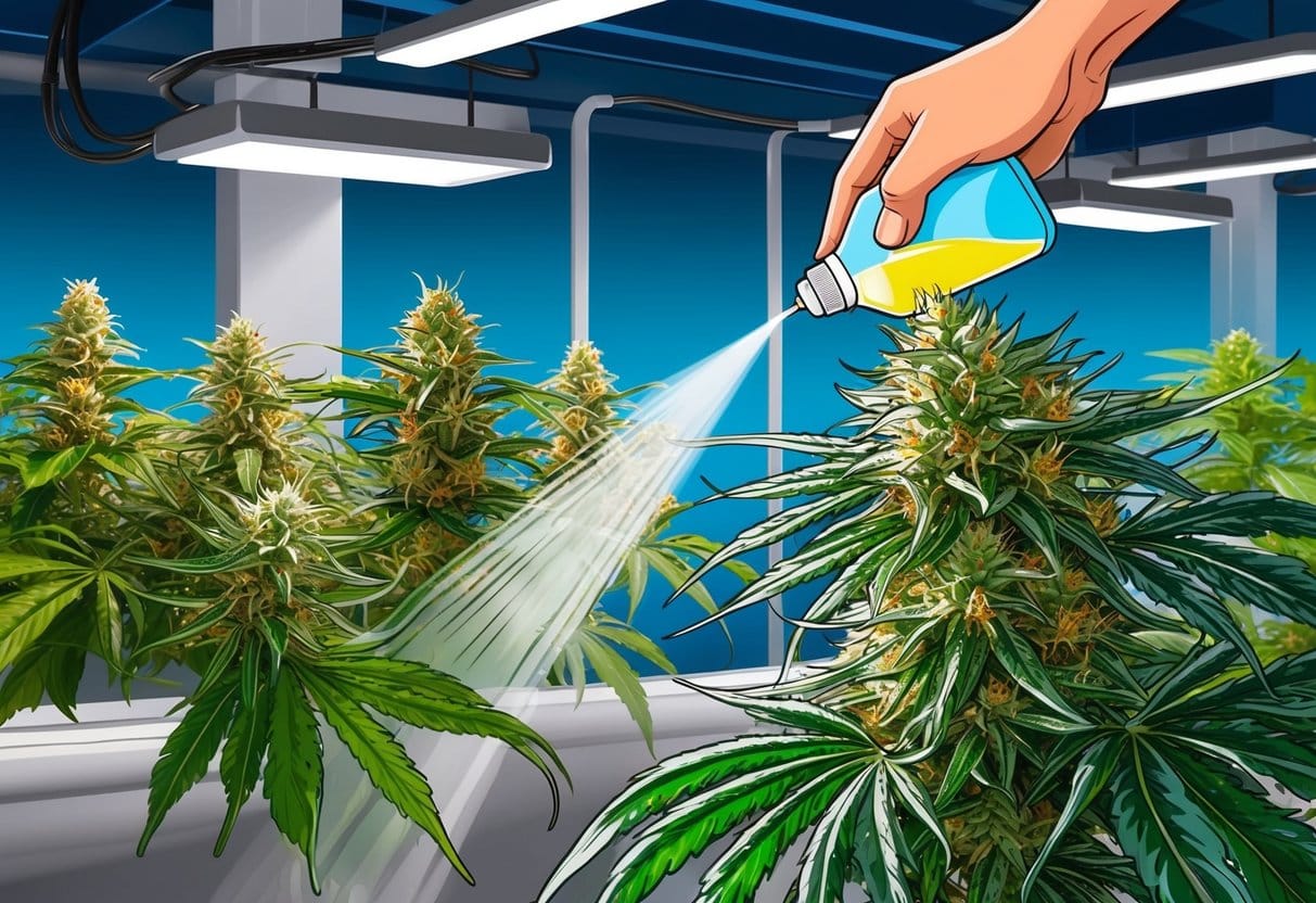 THCa flower being sprayed with a liquid solution in a controlled indoor cultivation setting