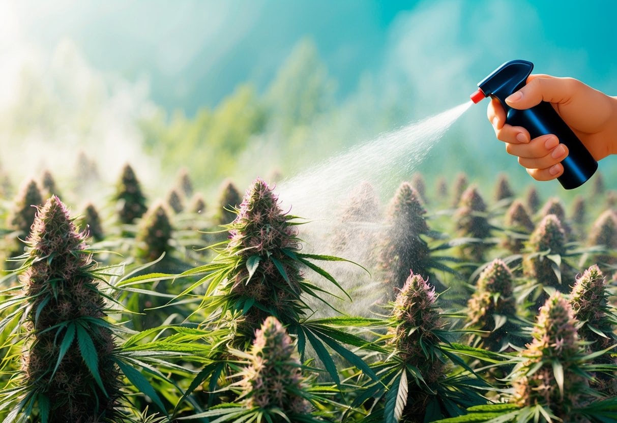 A vibrant field of THC-laden flowers being sprayed with a mist, surrounded by a haze of intoxicating aroma
