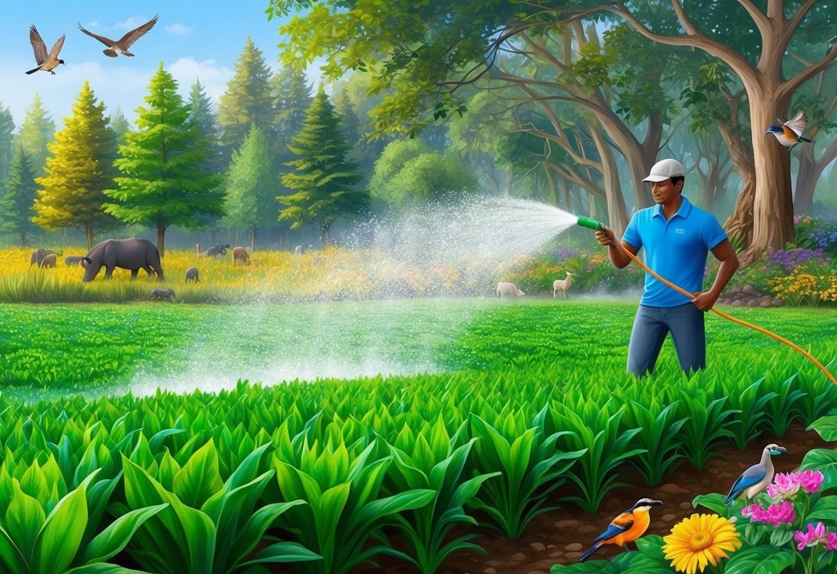 A field of vibrant green plants being sprayed with a mist of water, surrounded by a diverse ecosystem of trees, flowers, and wildlife