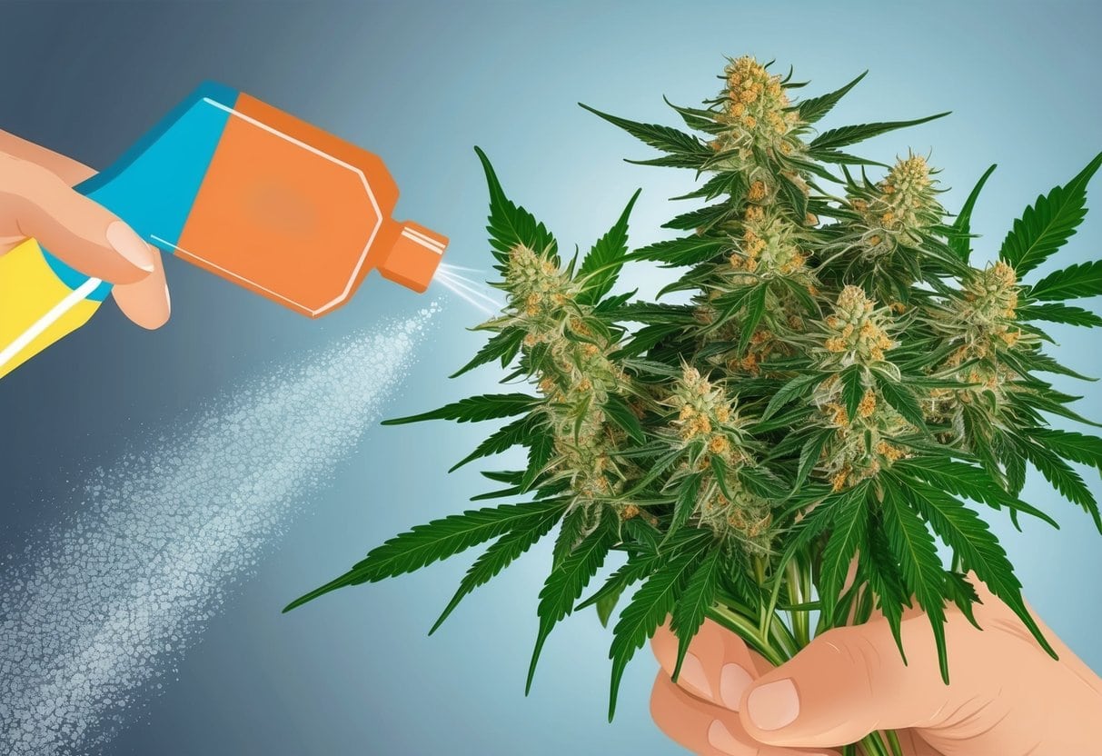 A hand holding a bouquet of fresh cannabis flowers being sprayed with a mist of liquid