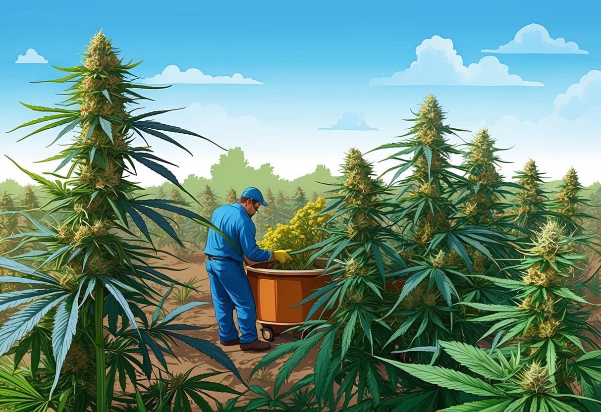 A field of mature cannabis plants being harvested, with workers processing the flowers for THC extraction
