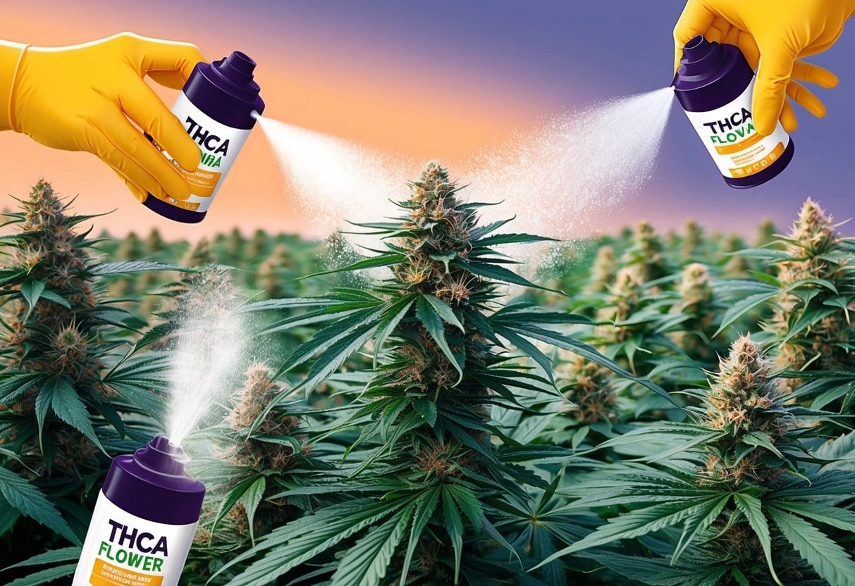 A field of blooming cannabis plants being sprayed with THCa flower products