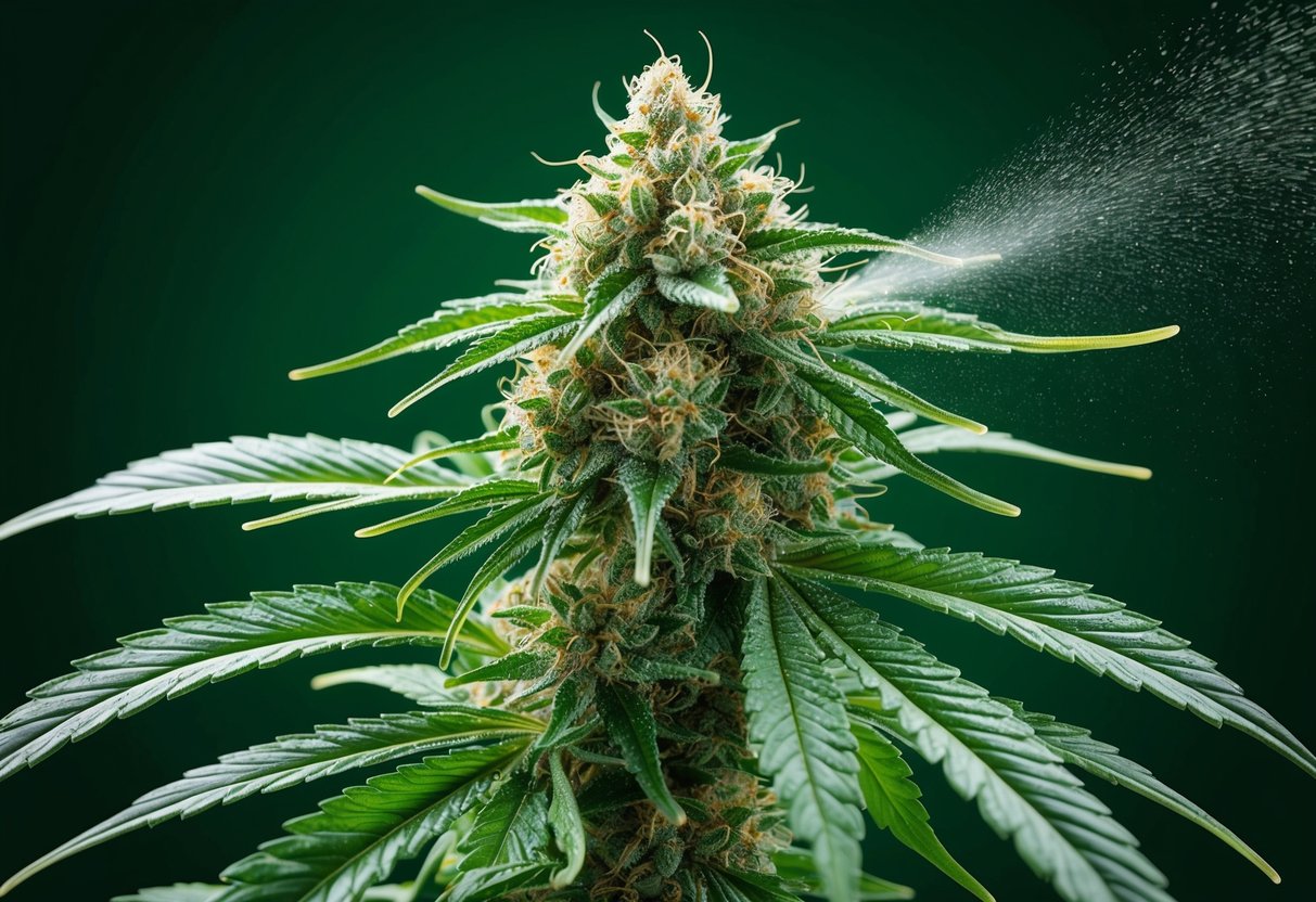 A cannabis plant with vibrant green leaves and crystallized thca flowers sprayed with a fine mist