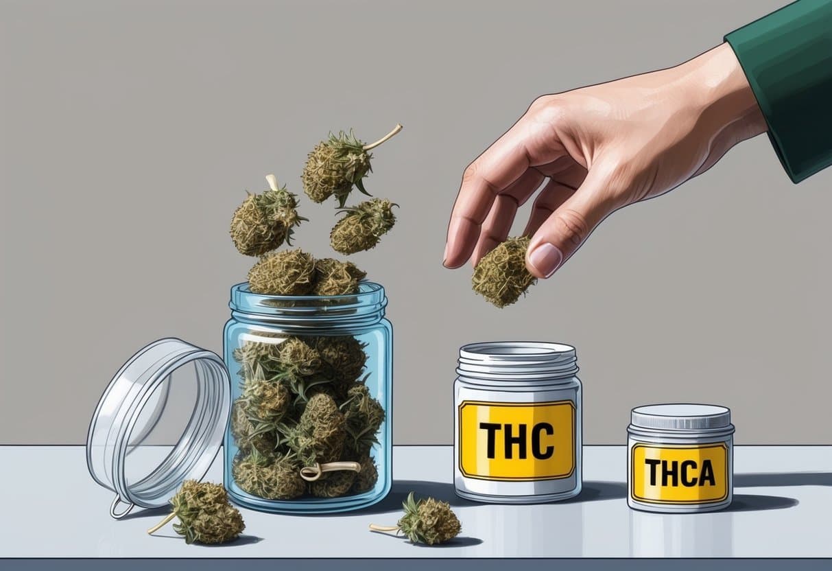 A hand reaching for a jar of dried cannabis flowers, with a separate container labeled "thc" and "thca" next to it