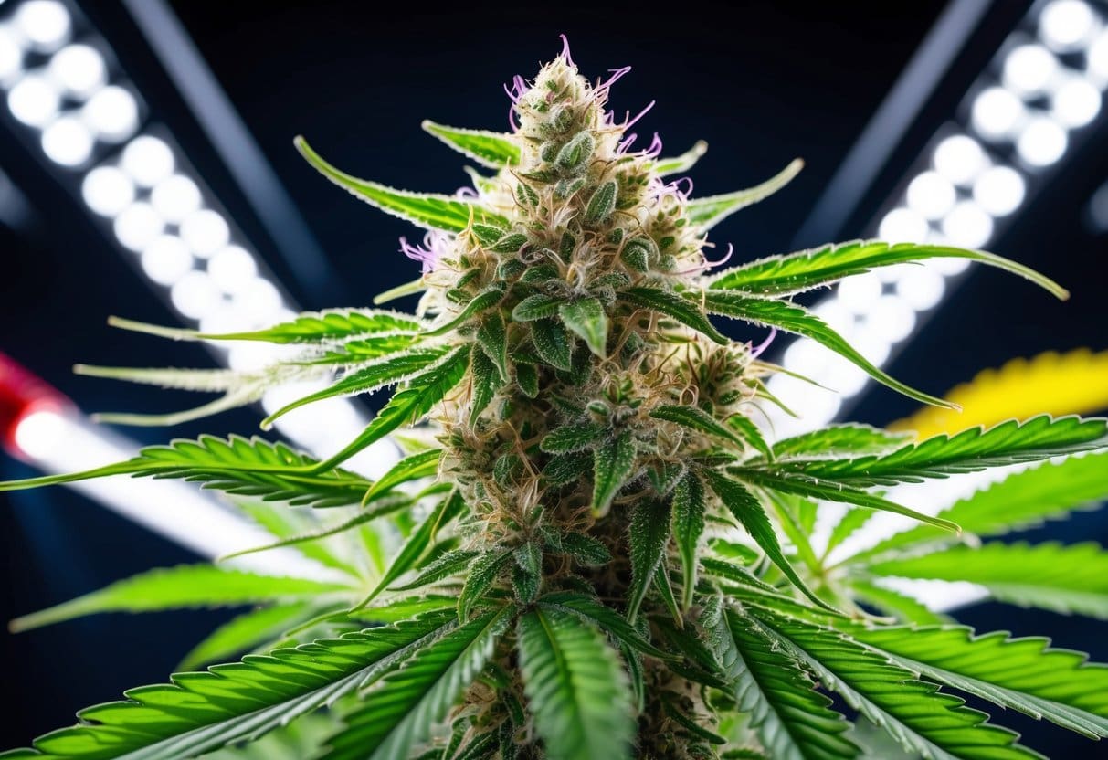 A vibrant green cannabis plant with crystalline trichomes glistening under bright lights