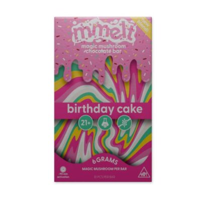 The pink box of the Mimelt magic mushroom chocolate bar boasts a sprinkle design, capturing the essence of a Birthday Cake. Containing 6 grams and labeled for ages 21+, it features eco-friendly icons and psychedelic rainbow patterns beneath the flavor text.