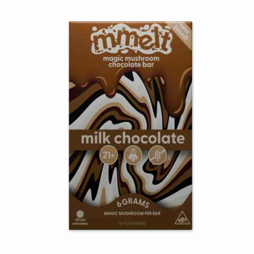 The Melt chocolate bar package features a mesmerizing swirl pattern in brown, white, and caramel. Bold text highlights the magic mushroom milk chocolate bar, indicating its suitable for 21+, with each bar containing 6 grams of magic mushrooms. Discover the new blend today!.