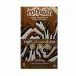 The Melt chocolate bar package features a mesmerizing swirl pattern in brown, white, and caramel. Bold text highlights the magic mushroom milk chocolate bar, indicating its suitable for 21+, with each bar containing 6 grams of magic mushrooms. Discover the new blend today!.