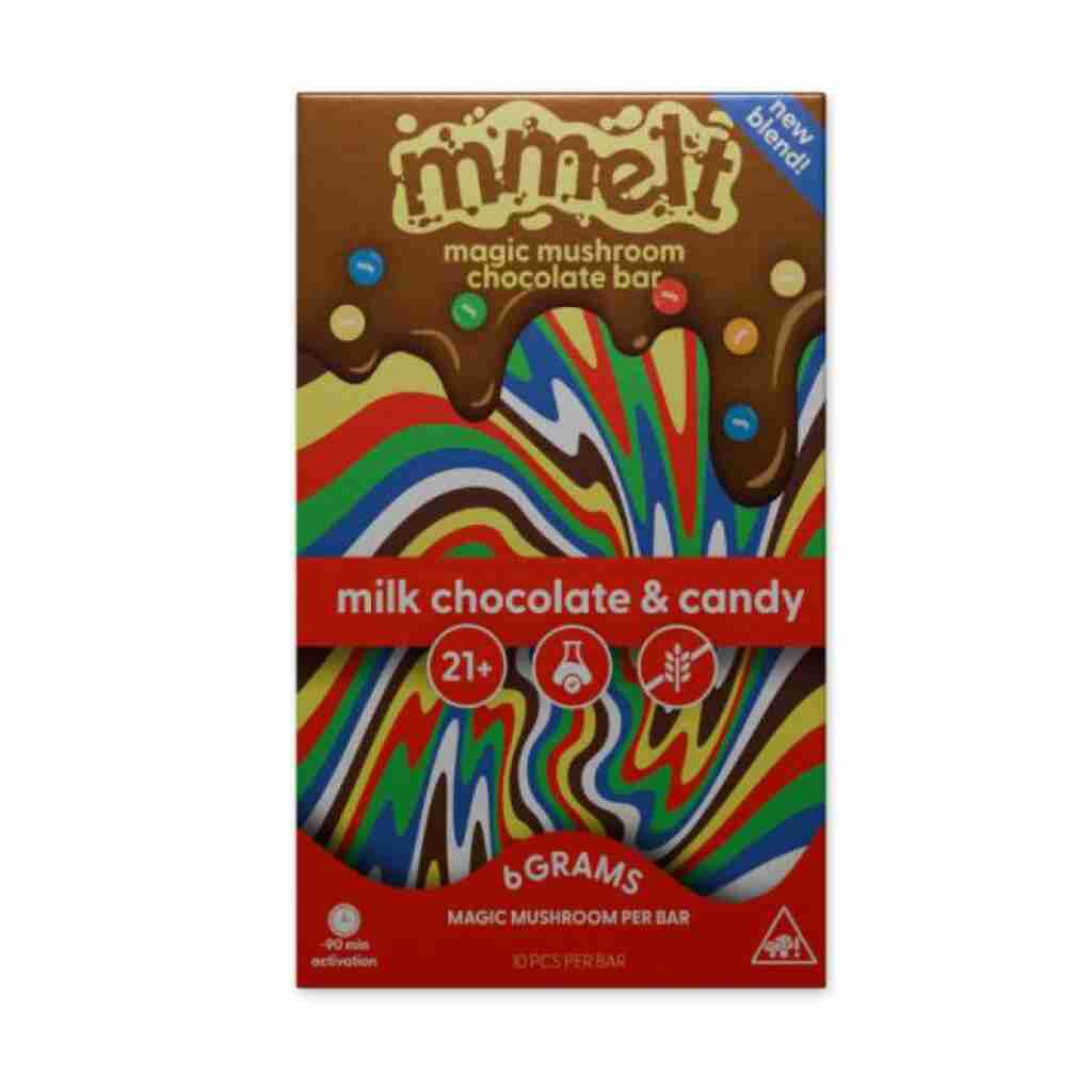 A colorful package of Melt magic mushroom chocolate bar features a dripping design. Labeled milk chocolate & candy, it contains 6 grams per bar. Includes 21+ and New blend! notices with a psychedelic pattern at the bottom, beckoning you to experience its enchanting allure.