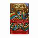 A colorful package of Melt magic mushroom chocolate bar features a dripping design. Labeled milk chocolate & candy, it contains 6 grams per bar. Includes 21+ and New blend! notices with a psychedelic pattern at the bottom, beckoning you to experience its enchanting allure.