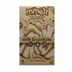 The mimet chocolate bar, labeled as a Magic Mushroom Chocolate in the Milk & Cookies flavor, boasts a brown and cream swirl design. Icons highlight its for ages 21+ and packed with 6 grams of magic mushroom per bar.