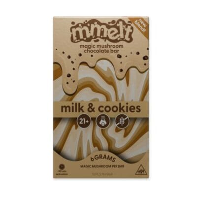 The mimet chocolate bar, labeled as a Magic Mushroom Chocolate in the Milk & Cookies flavor, boasts a brown and cream swirl design. Icons highlight its for ages 21+ and packed with 6 grams of magic mushroom per bar.