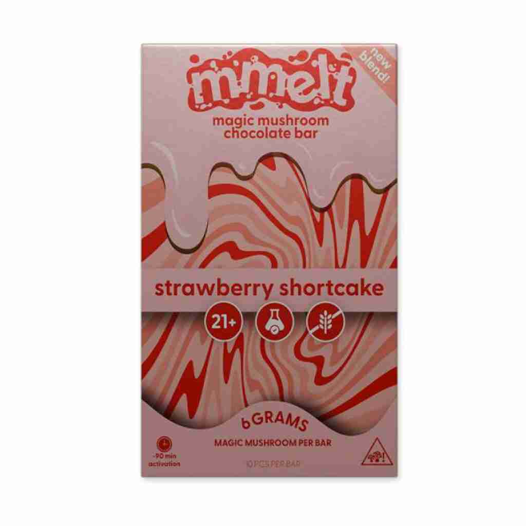 The mYmelt Magic Mushroom Chocolate Bar in Strawberry Shortcake flavor features a mesmerizing pink and red swirling pattern, with bold text indicating its for those 21+ and packs a potent 6g per bar.