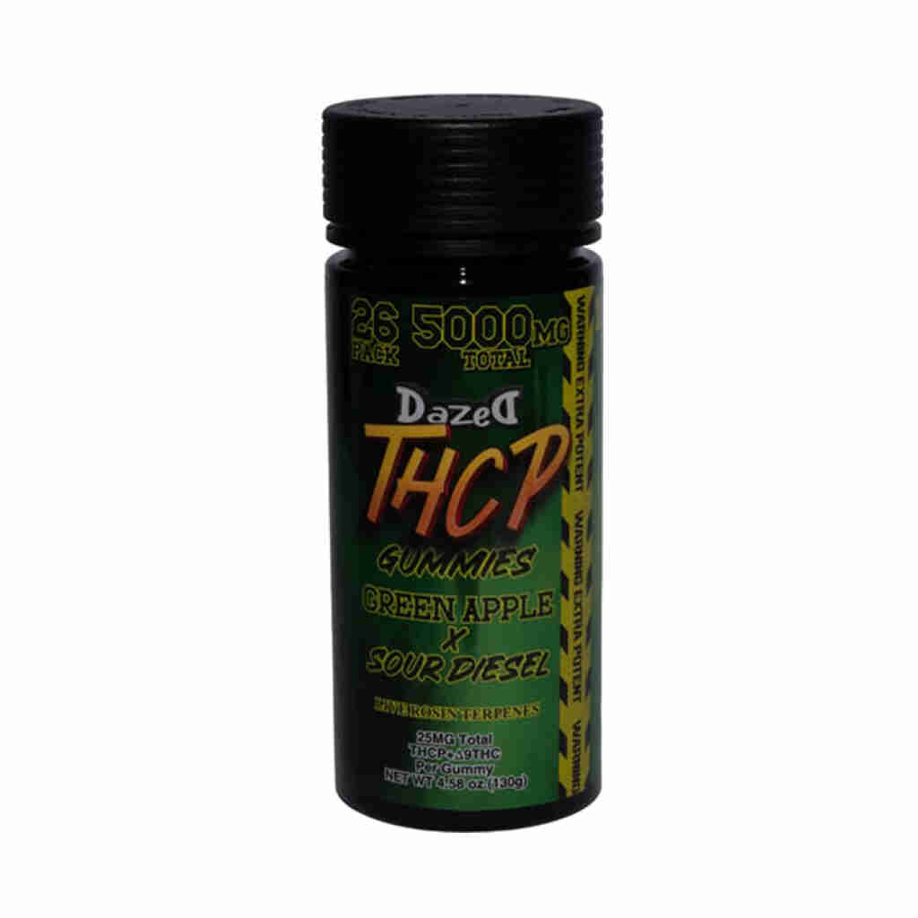 A sleek black bottle labeled Dazed THCP Gummies, Green Apple x Sour Diesel promises a potent experience with Live Resin Terpenes. Each gummy contains 25mg THC-P, and the 26-pack sums up to 5000mg total. Perfect for those who crave the distinctive taste of Green Apple Gummies.