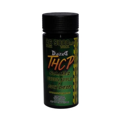 A sleek black bottle labeled Dazed THCP Gummies, Green Apple x Sour Diesel promises a potent experience with Live Resin Terpenes. Each gummy contains 25mg THC-P, and the 26-pack sums up to 5000mg total. Perfect for those who crave the distinctive taste of Green Apple Gummies.