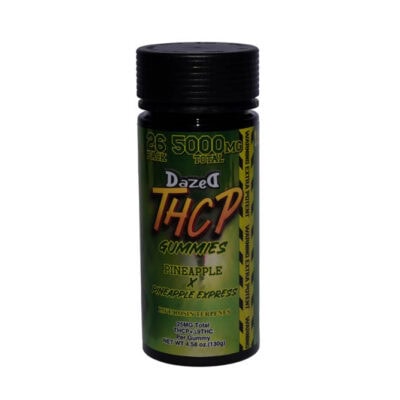 A black bottle labeled Dazed THCP Gummies features a vibrant green and yellow design. It holds 26 pineapple-flavored gummies, each infused with 193mg of THCP, totaling a potent 5000mg.