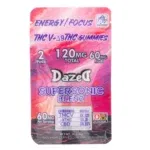 Dazed Supersonic Blenz Gummies 120mg 2 pc comes in vibrant pink packaging with white text for energy and focus. Each childproof pack contains two gummies with a total of 120mg THC, clearly detailing THC and CBD contents.