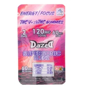 Dazed Supersonic Blenz Gummies 120mg 2 pc comes in vibrant pink packaging with white text for energy and focus. Each childproof pack contains two gummies with a total of 120mg THC, clearly detailing THC and CBD contents.