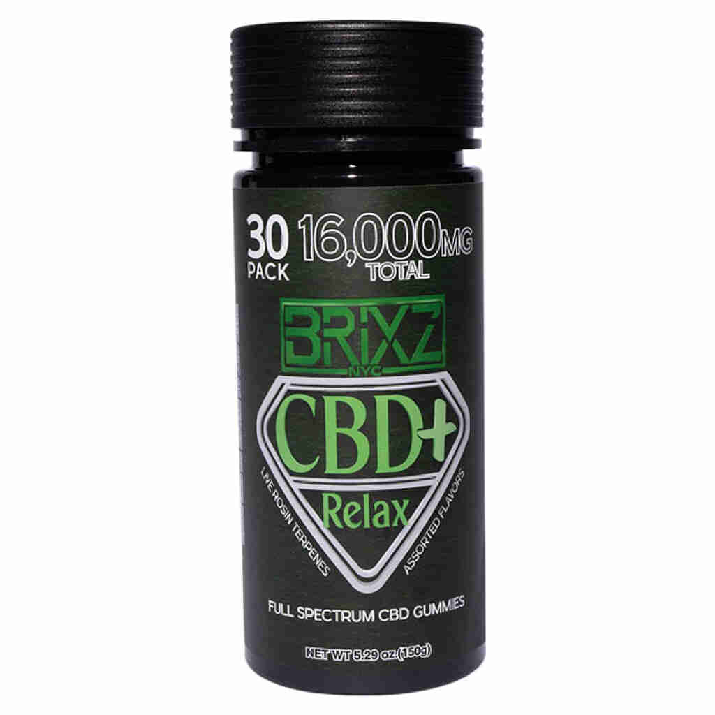 A sleek black cylindrical container labeled BRIXZ NYC CBD+ Relax features a vibrant green and white design. It boasts 30 Pack, 16,000 MG Total and promises Full Spectrum CBD Gummies infused with live resin terpenes in assorted flavors.