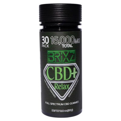 A sleek black cylindrical container labeled BRIXZ NYC CBD+ Relax features a vibrant green and white design. It boasts 30 Pack, 16,000 MG Total and promises Full Spectrum CBD Gummies infused with live resin terpenes in assorted flavors.
