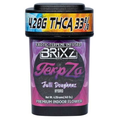 A cylindrical container labeled BRIXZ NYC presents the TerpZa Jelli Doughnaz Hybrid. It boasts being Exotic Flavor Enhanced and infused with exotic terpenes. With 4.2G THCa Flower at 33%, it offers a Premium Indoor Flower weighing 4.26 grams (1.48 oz).