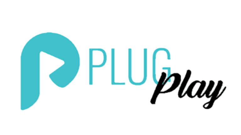 The image showcases the logo of a company, highlighting a stylized turquoise letter P followed by the word PLUG in vibrant greens. The word Play is elegantly scripted in black cursive.