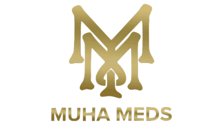 Gold intertwined M letters resembling bones, with the text MUHA MEDS below in gold.