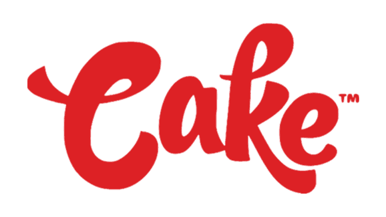 Stylized word Cake written in bold, swirling red letters on a transparent background.