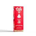 Red and white packaging for Cake 3.0s Water Malone sativa features a water droplet icon along with phrases like THC-A + THC-P” and “Cake Badder Melted Diamonds. This Cake Classics edition comes as a Disposable 3g, perfect for effortless enjoyment.