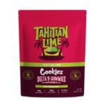 The vibrant red and green packaging of Tahitian Lime Delta-9 THC Gummies by Cookies features lime graphics, boasting Fast Acting and Heavy Hitter. Each pack contains 10 gummies, with 5mg per serving for a total of 50mg per package.