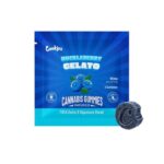 Blue packaging for Cookies Cannabis Infused Gummies with a small, round, dark gummy beside it. The package highlights 200mg per serving and mentions THCA Delta-9 Signature Blend.