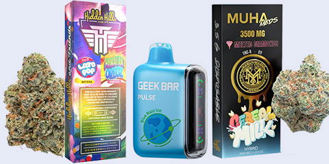 Colorful assortment of cannabis products, including two vape device packages and a concentrate box. Packages are branded Hidden Hills, Geek Bar, and Muha Meds. Two buds of cannabis are displayed beside the packaging.