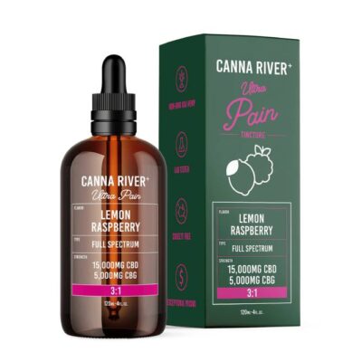 A bottle and box of Canna River Ultra Pain Tincture, featuring full spectrum CBD in a refreshing lemon raspberry flavor. With 15,000mg CBD and 5,000mg CBG, the label proudly displays icons for lab tested, vegan, and made in the USA. The amber bottle is paired with a sleek black dropper.