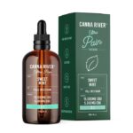 A dropper bottle, titled Canna River Ultra Pain Tincture, rests beside its green box. Boasting a Sweet Mint flavor with 15,000mg Full Spectrum CBD and 5,000mg CBG, the label emphasizes a 3:1 ratio. The bottle holds a volume of 120 mL or 4 fl oz.