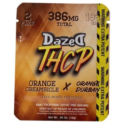 The Dazed THCP Gummies 386mg 2 pc package includes two potent gummies in Orange Creamsicle and Orange Durban flavors, providing 193mg each. Keep them out of reach of children. Net weight: .36 oz (10g).
