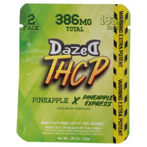 The vibrant packaging of Dazed THCP Gummies 386mg 2 pc features Pineapple x Pineapple Express, with crucial warnings and serving details clearly displayed.