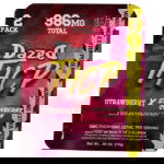 The Dazed THCP Gummies 386mg 2 pc packaging highlights 386 MG Total and the alluring Strawberry x Strawberry Cough flavor. Featuring a vibrant red and purple design, it warns of its potency with 10MG THCP + 15MG Δ9THC per serving and advises keeping it out of childrens reach.