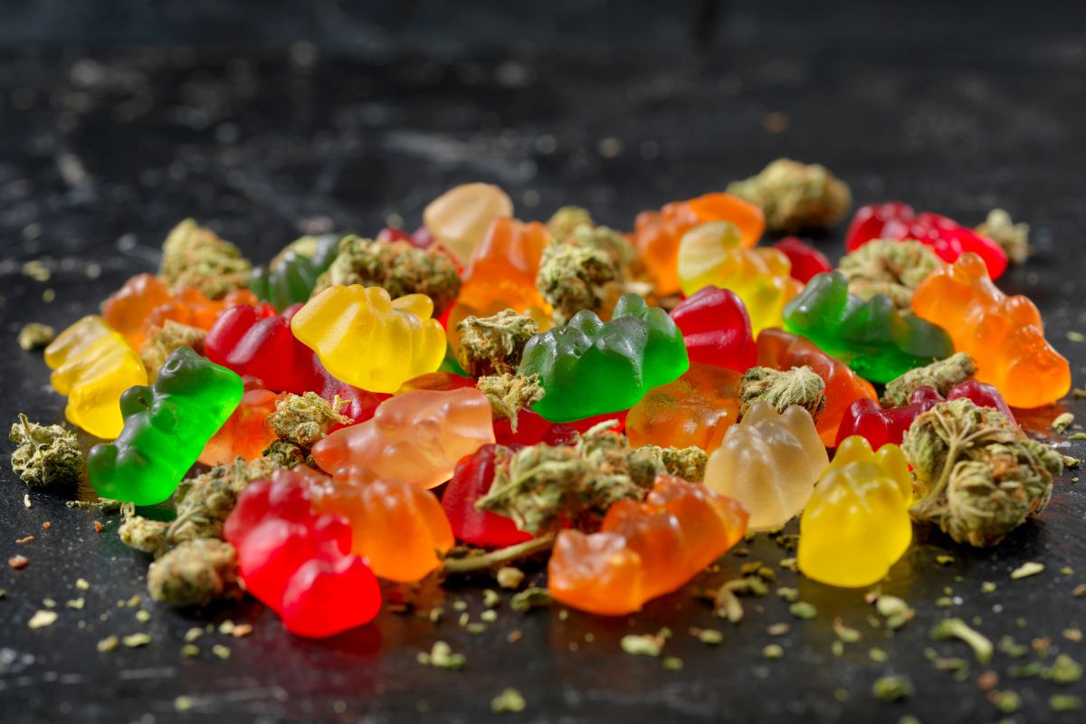 A collection of different colored thch gummies kept together