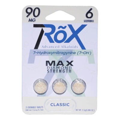The 7RõX 7Hydroxy Tablets packaging embodies a purlyf rave vibe, featuring three M-class, 30mg tablets per pack with Max Diamond Strength and key ingredient 7-Hydroxymitragynine (7-OH), defining the Classic quality enthusiasts crave.