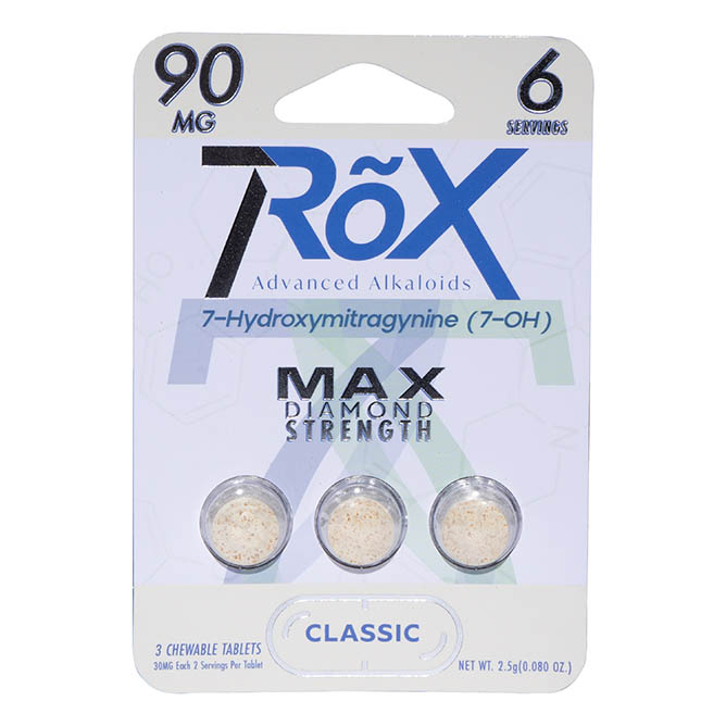 The 7RõX 7Hydroxy Tablets packaging embodies a purlyf rave vibe, featuring three M-class, 30mg tablets per pack with Max Diamond Strength and key ingredient 7-Hydroxymitragynine (7-OH), defining the Classic quality enthusiasts crave.