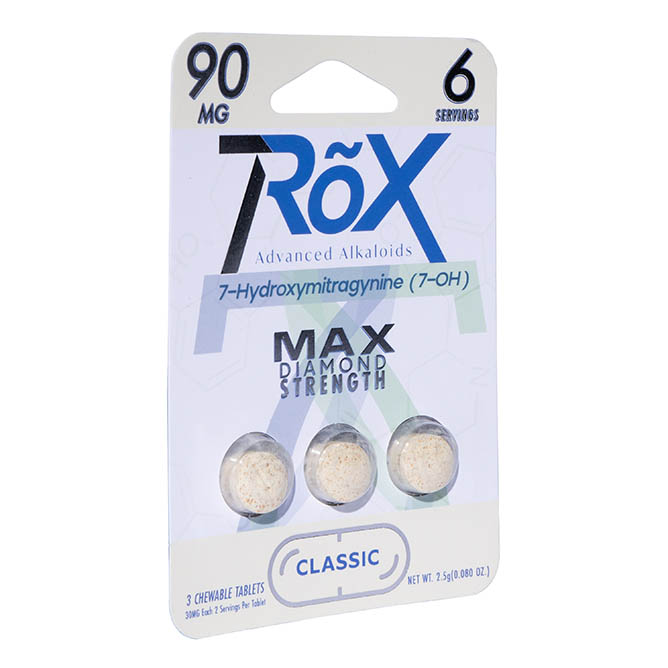 The 7RõX 7Hydroxy Tablets 30mg 3pc - Classic package contains three chewable Kratom tablets with 7-Hydroxymitragynine. Each tablet provides a serving of 90 mg, totaling six servings. The sleek white and blue design appeals to any PurLyf rave enthusiast.