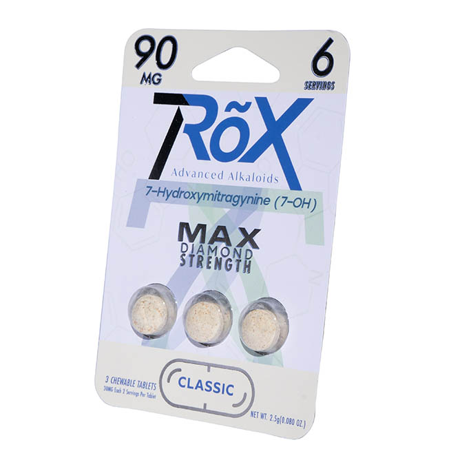 Packaging for 7RõX 7Hydroxy Tablets shows 30 mg tablets, ideal for a Purlyf rave. The label highlights Max Diamond Strength and Classic at the bottom, with three Kratom tablets visible.
